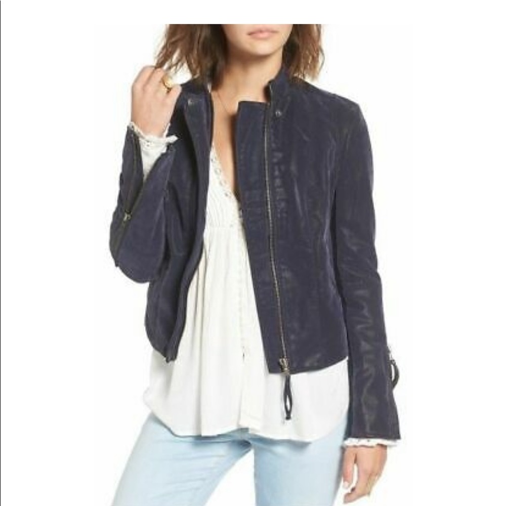 Free People Vegan Suede Leather Navy Moto Jacket